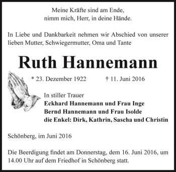 Traueranzeige von Ruth Hannemann  von Magdeburger Volksstimme