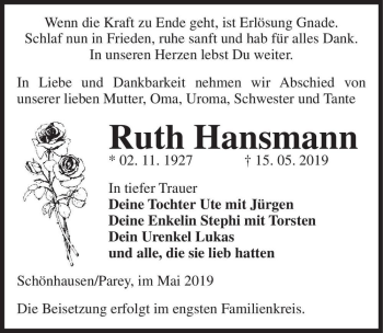 Traueranzeige von Ruth Hansmann  von Magdeburger Volksstimme