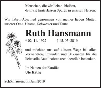 Traueranzeige von Ruth Hansmann  von Magdeburger Volksstimme