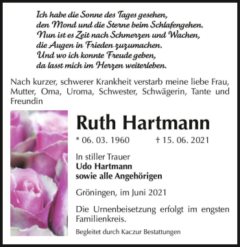 Traueranzeige von Ruth Hartmann  von Magdeburger Volksstimme