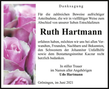 Traueranzeige von Ruth Hartmann  von Magdeburger Volksstimme