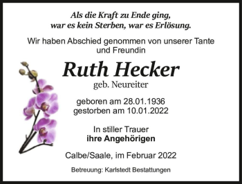 Traueranzeige von Ruth Hecker (geb. Neureiter)  von Magdeburger Volksstimme