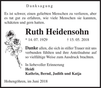 Traueranzeige von Ruth Heidensohn  von Magdeburger Volksstimme