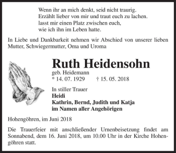 Traueranzeige von Ruth Heidensohn (geb. Heidemann)  von Magdeburger Volksstimme