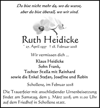 Traueranzeige von Ruth Heidicke  von Magdeburger Volksstimme
