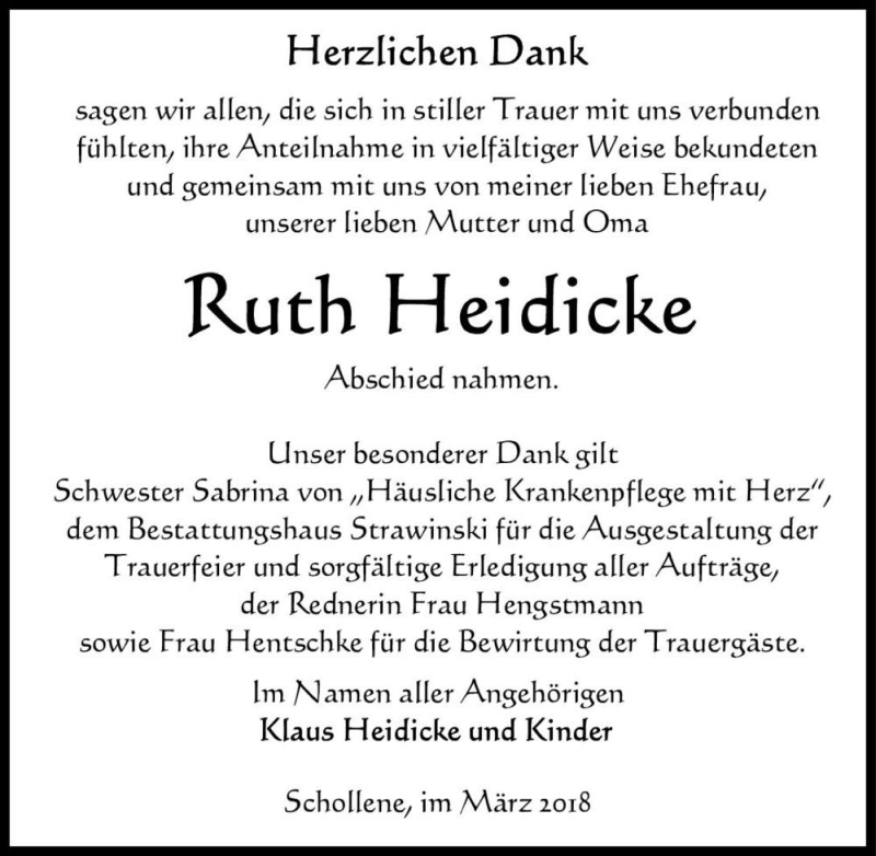  Traueranzeige für Ruth Heidicke  vom 16.03.2018 aus Magdeburger Volksstimme