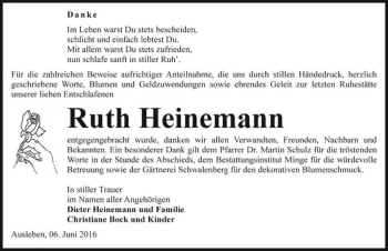 Traueranzeige von Ruth Heinemann  von Magdeburger Volksstimme