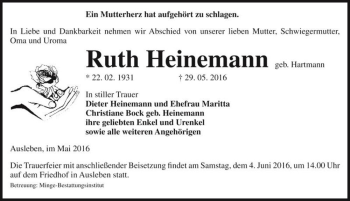 Traueranzeige von Ruth Heinemann (geb. Hartman)  von Magdeburger Volksstimme