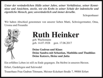 Traueranzeige von Ruth Heinker (geb. Wachsmann)  von Magdeburger Volksstimme