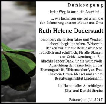 Traueranzeige von Ruth Helene Duderstadt  von Magdeburger Volksstimme