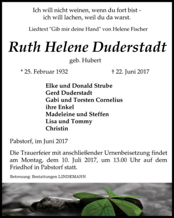 Traueranzeige von Ruth Helene Duderstadt (geb. Hubert)  von Magdeburger Volksstimme