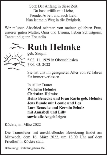 Traueranzeige von Ruth Helmke (geb. Skupin)  von Magdeburger Volksstimme