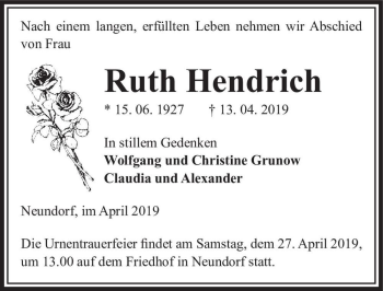 Traueranzeige von Ruth Hendrich  von Magdeburger Volksstimme