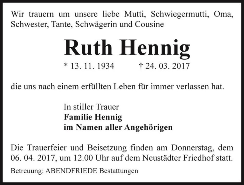  Traueranzeige für Ruth Hennig  vom 01.04.2017 aus Magdeburger Volksstimme
