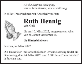 Traueranzeige von Ruth Hennig (geb. Gold)  von Magdeburger Volksstimme