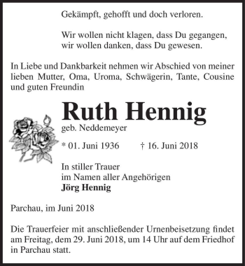 Traueranzeige von Ruth Hennig (geb. Neddemeyer)  von Magdeburger Volksstimme
