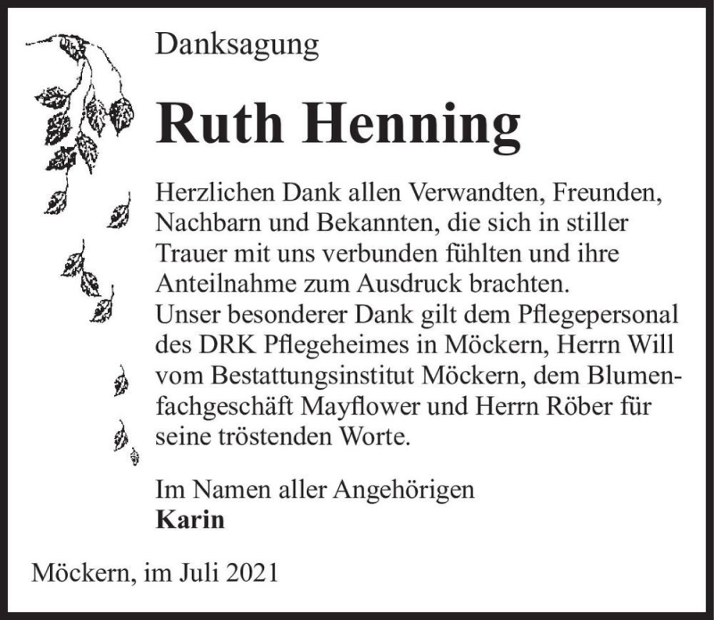  Traueranzeige für Ruth Henning  vom 31.07.2021 aus Magdeburger Volksstimme