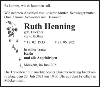 Traueranzeige von Ruth Henning (geb. Bückner, verw. Keßner)  von Magdeburger Volksstimme