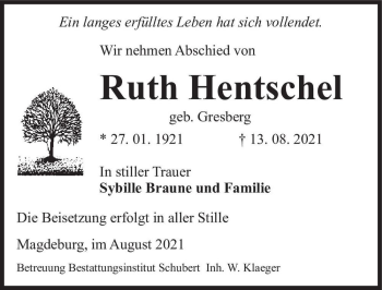 Traueranzeige von Ruth Hentschel (geb. Gresberg)  von Magdeburger Volksstimme