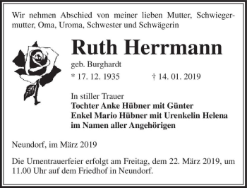 Traueranzeige von Ruth Herrmann (geb. Burghardt)  von Magdeburger Volksstimme