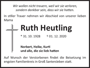 Traueranzeige von Ruth Heutling  von Magdeburger Volksstimme