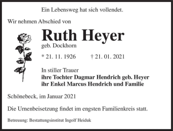 Traueranzeige von Ruth Heyer (geb. Dockhorn)  von Magdeburger Volksstimme
