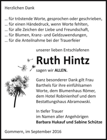 Traueranzeige von Ruth Hintz  von Magdeburger Volksstimme