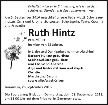 Traueranzeige von Ruth Hintz (geb. Müller)  von Magdeburger Volksstimme