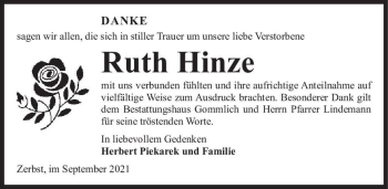 Traueranzeige von Ruth Hinze  von Magdeburger Volksstimme