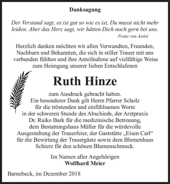 Traueranzeige von Ruth Hinze  von Magdeburger Volksstimme