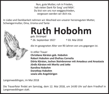 Traueranzeige von Ruth Hobohm (geb. Strümpel)  von Magdeburger Volksstimme