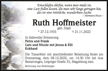 Traueranzeige von Ruth Hoffmeister (geb. Daph)  von Magdeburger Volksstimme