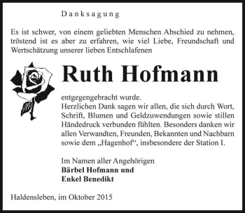 Traueranzeige von Ruth Hofmann  von Magdeburger Volksstimme