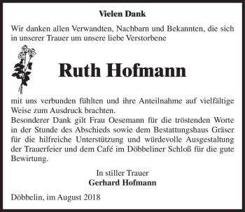 Traueranzeige von Ruth Hofmann  von Magdeburger Volksstimme
