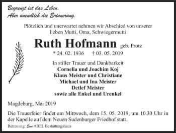 Traueranzeige von Ruth Hofmann (geb. Protz)  von Magdeburger Volksstimme