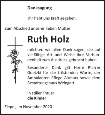 Traueranzeige von Ruth Holz  von Magdeburger Volksstimme