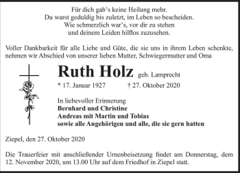 Traueranzeige von Ruth Holz (geb. Lamprecht)  von Magdeburger Volksstimme