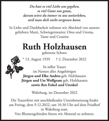 Traueranzeige von Ruth Holzhausen (geb. Schnee)  von Magdeburger Volksstimme