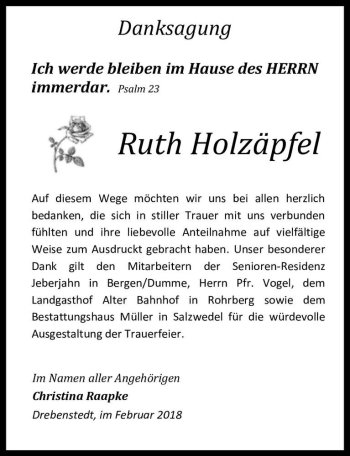 Traueranzeige von Ruth Holzäpfel  von Magdeburger Volksstimme