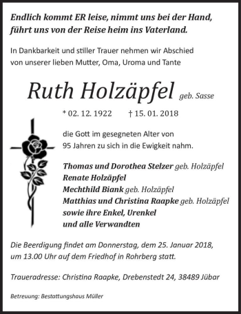Traueranzeige von Ruth Holzäpfel (geb. Sasse)  von Magdeburger Volksstimme