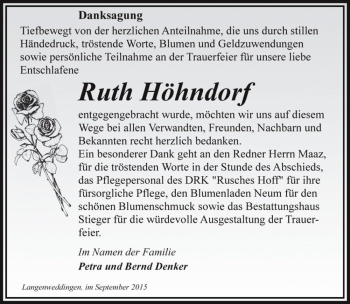 Traueranzeige von Ruth Höhndorf  von Magdeburger Volksstimme
