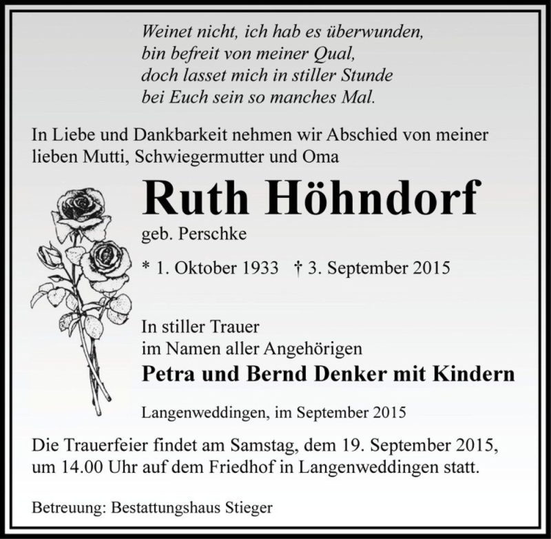  Traueranzeige für Ruth Höhndorf (geb. Perschke)  vom 16.09.2015 aus Magdeburger Volksstimme