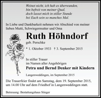 Traueranzeige von Ruth Höhndorf (geb. Perschke)  von Magdeburger Volksstimme