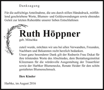 Traueranzeige von Ruth Höppner (geb. Mitschka)  von Magdeburger Volksstimme