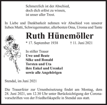 Traueranzeige von Ruth Hünemöller  von Magdeburger Volksstimme