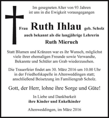 Traueranzeige von Ruth Ihlau (geb. Scholz) 