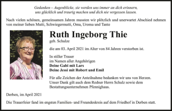 Traueranzeige von Ruth Ingeborg Thie (geb. Schulze)  von Magdeburger Volksstimme
