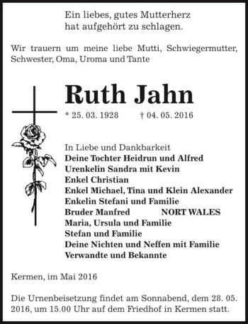 Traueranzeige von Ruth Jahn  von Magdeburger Volksstimme
