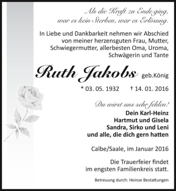 Traueranzeige von Ruth Jakobs (geb. König)  von Magdeburger Volksstimme