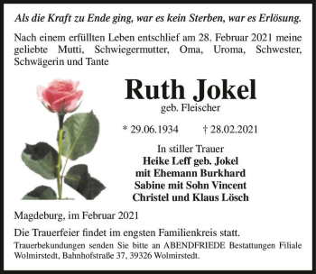 Traueranzeige von Ruth Jokel (geb. Fleischer)  von Magdeburger Volksstimme